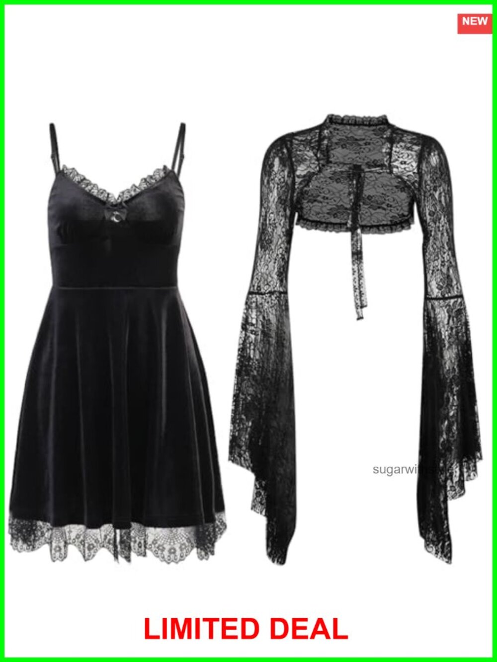 Womens Gothic Two-Piece Velvet Lace Dress Backless Spaghetti Strap Party